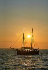 Ship sailing in the Sunset of  Zadar. Croatia. Europe