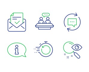 Information, Employees talk and Fast recovery line icons set. Update comments, Approved mail and Search signs. Info center, Collaboration, Backup timer. Chat speech bubble. Technology set. Vector