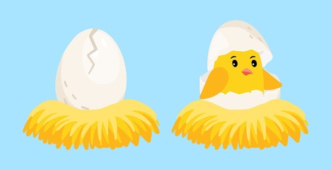 Newborn chick. Cartoon egg and hatched chick with eggshell on head in the nest vector illustration. Eggshell chick in nest, newborn baby bird