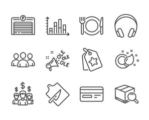 Set of Business icons, such as Salary employees, Group, Parking garage, Restaurant food, Search package, Ole chant, Cutting board, Paint brush, Diagram graph, Loyalty tags, Headphones. Vector