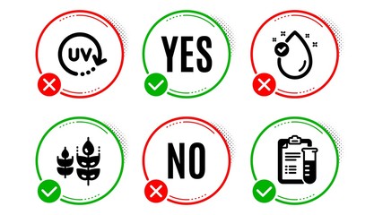Gluten free, Vitamin e and Uv protection icons simple set. Yes no check box. Medical analyzes sign. Bio ingredients, Oil drop, Skin cream. Medicine results. Healthcare set. Gluten free icon. Vector