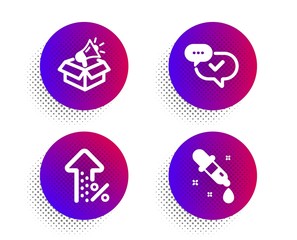 Approved, Increasing percent and Megaphone box icons simple set. Halftone dots button. Chemistry pipette sign. Chat message, Discount, Brand marketing. Laboratory. Technology set. Vector