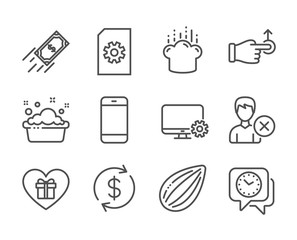 Set of Business icons, such as Drag drop, Fast payment, Hand washing, Smartphone, Clock, Almond nut, Romantic gift, File management, Usd exchange, Remove account, Cooking hat line icons. Vector