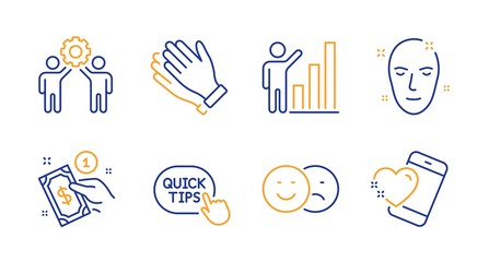 Clapping hands, Like and Quick tips line icons set. Health skin, Graph chart and Payment method signs. Employees teamwork, Heart symbols. Clap, Social media dislike. People set. Vector