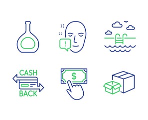 Cognac bottle, Face attention and Swimming pool line icons set. Payment click, Cashback card and Packing boxes signs. Brandy alcohol, Exclamation mark, Basin. Financial transfer. Vector