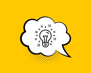 Idea line icon. Comic speech bubble. Light bulb or Lamp sign. Creativity, Solution or Thinking symbol. Yellow background with chat bubble. Idea icon. Colorful banner. Vector