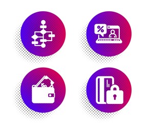 Block diagram, Online loan and Wallet icons simple set. Halftone dots button. Blocked card sign. Algorithm path, Discount percent, Usd cash. Private money. Finance set. Vector