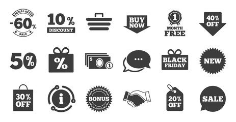 Set of Shopping, Sale and Discounts icons. Information, chat bubble icon. Gift box, Deal and Shopping cart signs. Special offer symbols. Quality set. Vector