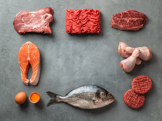 Carnivore or keto diet concept. Raw ingredients for zero carb or low carb diet - meat, poultry, fish, eggs and copy space in center on gray stone background. Top view or flat lay. - obrazy, fototapety, plakaty