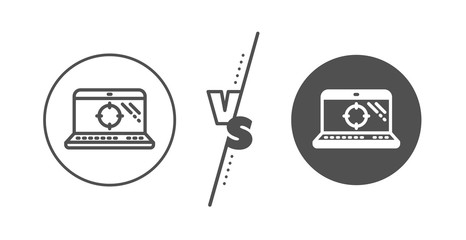 Fototapeta premium Search engine optimization sign. Versus concept. Seo laptop line icon. Aim target symbol. Line vs classic seo laptop icon. Vector