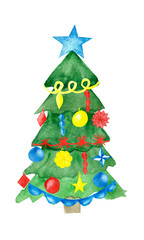 Watercolor hand painted winter new year christmas green tree with blue star and colorful decoration 