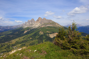 View of Catinaccio Rosengarten massif from the Latemar mountain. Dolomites, Italy