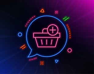 Add to Shopping cart line icon. Neon laser lights. Online buying sign. Supermarket basket symbol. Glow laser speech bubble. Neon lights chat bubble. Banner badge with add purchase icon. Vector
