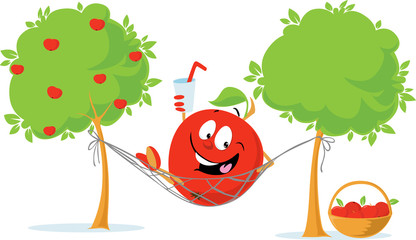 Apple Character in Hammock Drink Juice - Vector Flat Design