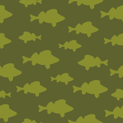 The seamless pattern with silhouettes of predatory prickly fishes is on green background.