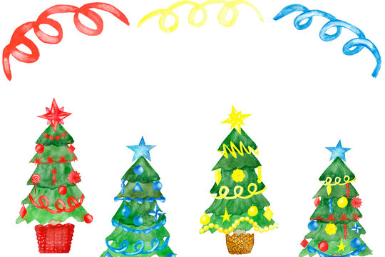 Watercolor hand painted new year composition with green christmas different trees yellow, red and blue with garlands and stars set