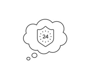 24 hours protection line icon. Chat bubble design. Shield sign. Outline concept. Thin line 24 hours icon. Vector