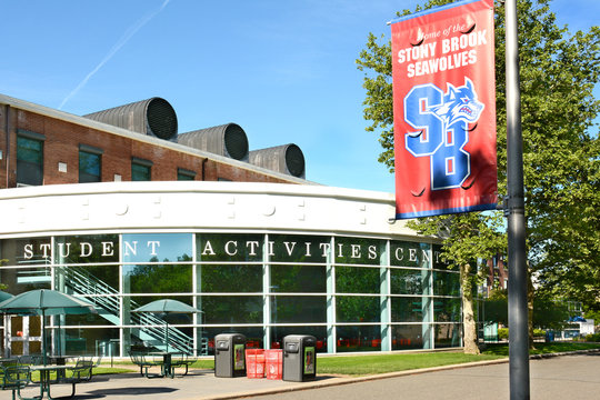 STONY BROOK, NY - MAY 24, 2015: Student Activities Center (SAC) at Stony Brook University with Seawolves banner. The institute is a top ranked academic university on New York's Long Island.