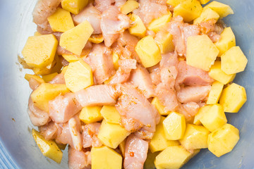 Sliced chicken fillets with potatoes in deep blue bowl.