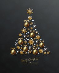 Christmas tree, golden ball, snowflake, lights, black background. New Year Design - 283568179