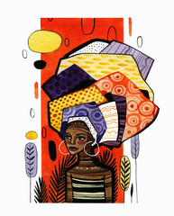 Illustration of an african american girl on a background of orange vertical stripe. Watercolor work with graphic elements is done in warm colors.