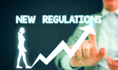 Text sign showing New Regulations question. Business photo showcasing rules made government order to control way something is done Female human wear formal work suit presenting presentation use smart