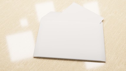 Mock up with an empty white envelope on a wooden background desk. Template for messages. 3D rendering.