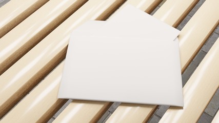 Mock up with an empty white envelope on a wooden background desk. Template for messages. 3D rendering.