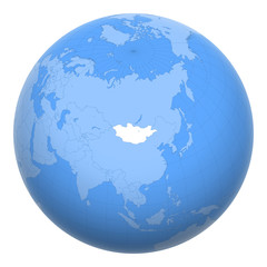 Mongolia on the globe. Earth centered at the location of Mongolia. Map of Mongolia. Includes layer with capital cities.