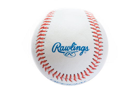 Closeup view at the Rawlings baseball ball. Rawlings is a sports equipment company based in the United States founded in 1887.