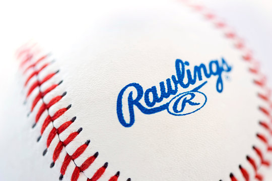 Closeup view at the Rawlings baseball ball. Rawlings is a sports equipment company based in the United States founded in 1887.