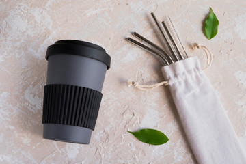 Reusable eco friendly sustainable handy bamboo cup and stainless steel metallic straws. No plastic