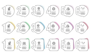 Consultant, Organic product and Calculator line icons set. Infographic timeline. Website education, Swipe up and Atom signs. Call center, Leaf, Money management. Video learning. Technology set. Vector