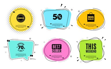 This weekend symbol. Best seller, quote text. Special offer sign. Sale. Quotation bubble. Banner badge, texting quote boxes. This weekend text. Coupon offer. Vector