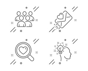 Group, Search love and Love letter line icons set. Idea sign. Developers, Dating service, Heart. Creative designer. People set. Line group outline icon. Vector