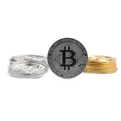 Pile of bitcoins isolated on white. Digital currency