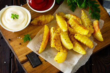 Homemade Tasty french fries on cutting board with Mayonnaise and with ketchup, on wooden table...