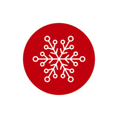 Winter icon with flat white snowflake in red circle. New Year pictogram.