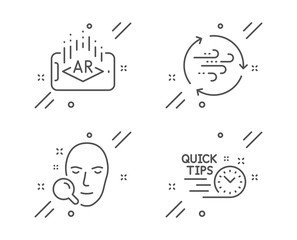Augmented reality, Wind energy and Face search line icons set. Quick tips sign. Phone simulation, Breeze power, Find user. Helpful tricks. Science set. Line augmented reality outline icon. Vector