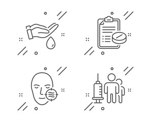 Wash hands, Medical prescription and Problem skin line icons set. Medical vaccination sign. Skin care, Medicine drugs, Facial care. Syringe vaccine. Healthcare set. Vector