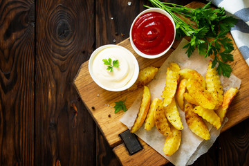 Homemade Tasty french fries on cutting board with Mayonnaise and with ketchup, on wooden table background. Top view. Space for text.