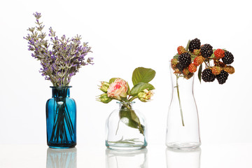 Obraz premium Flowers and herbs in glass bottles. Abstract flower bouquets in bottles isolated on white