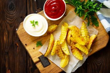Homemade Tasty french fries on cutting board with Mayonnaise and with ketchup, on wooden table background. Top view.