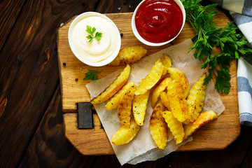 Homemade Tasty french fries on cutting board with Mayonnaise and with ketchup, on wooden table background. Top view. Space for text.