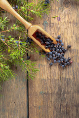 Juniper branch and wooden spoon with berries on a old wooden background.