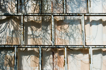 Part of the wall of an old uninhabited wooden house. The Windows are closed with curtains and wooden bars. Dry branch of a Bush