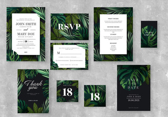 Wedding Suite Layouts with Illustrative Tropical Leaves
