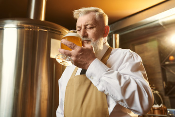 Man in shirt and apron standing in brewery and tasting beer