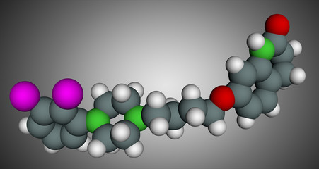 Aripiprazole, neurotransmitter, atypical antipsychotic drug molecule. Scale model