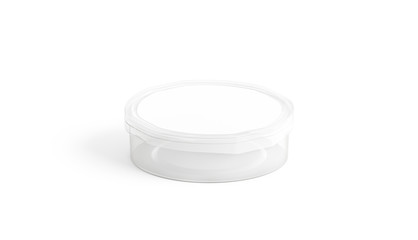 Blank white plastic pail with lid mockup, isolated, 3d rendering. Empty transparent conserved tray mock up, side view. Clear round container for salad or caviar template.